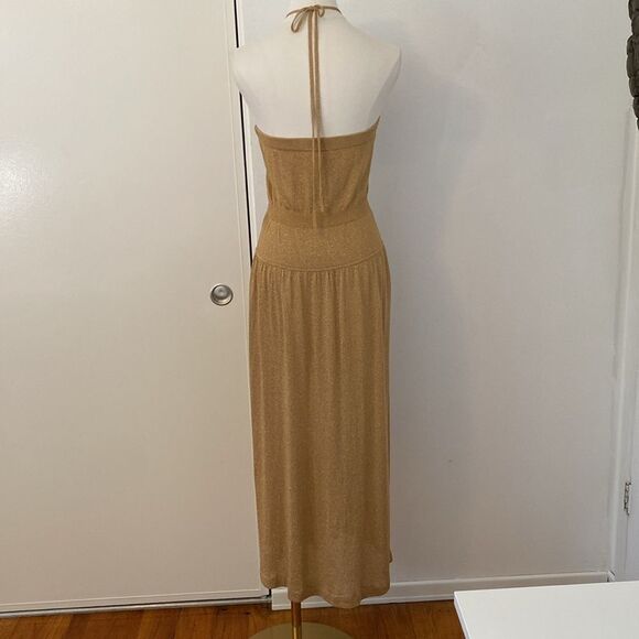 BCBG Gold Metallic Sweater Knit Halter Midi Dress Size Large - Picture 6 of 13